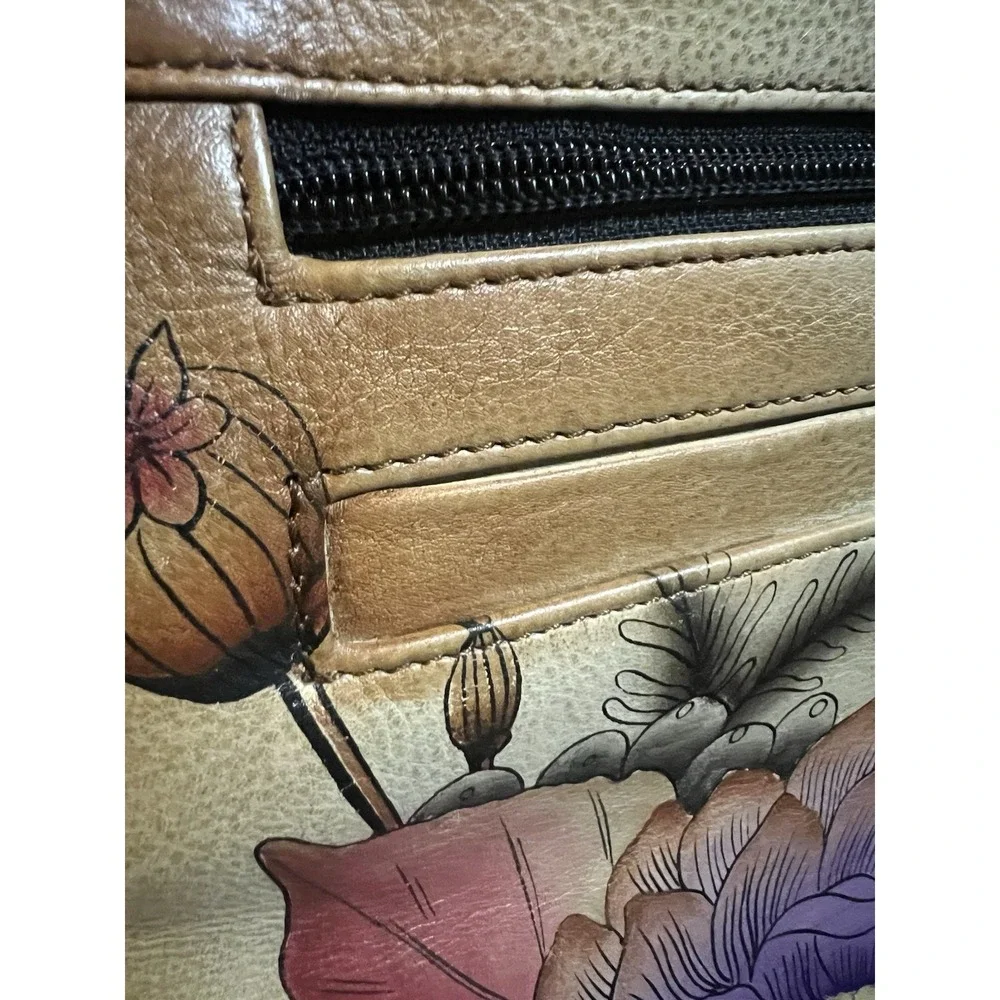 Anuschka Hand Painted Leather Rustic Floral‎ Crossbody Organizer Bag Purse 13x12